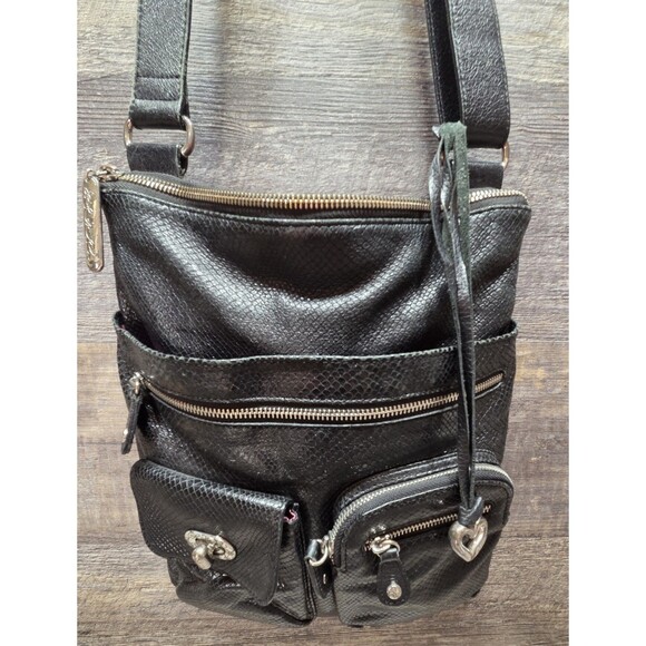 Brighton Black Pebbled Leather Croc Shoulder Purse Bag Handbag Satchel E370920 - Picture 4 of 14